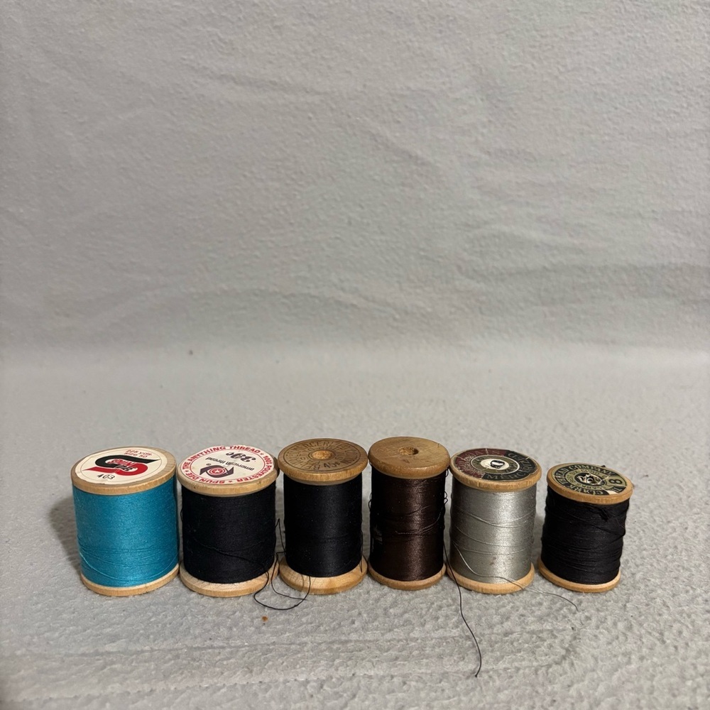 Vintage Lot of Six Wooden Thread Spools With Thread different colors